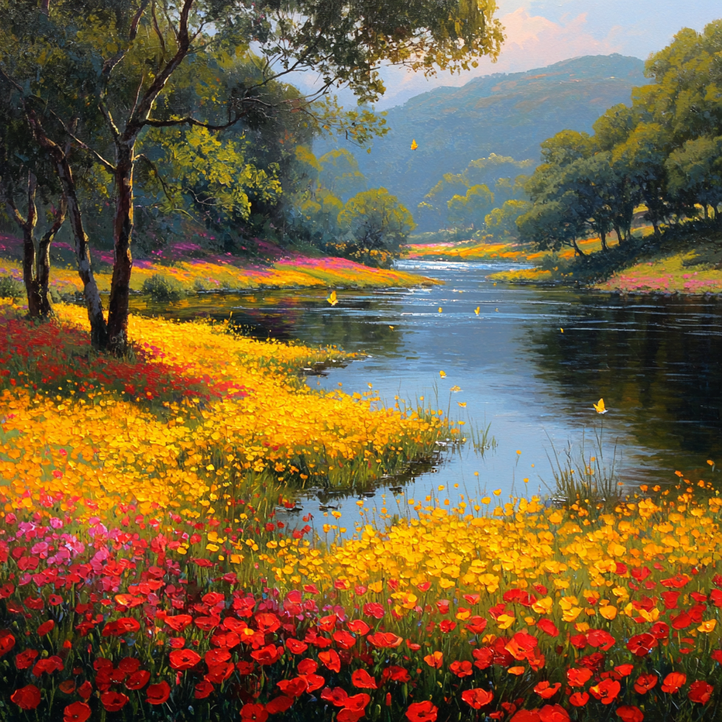 Vibrante Landschaft Mit Fluss Und Bunten Blumen | Sommer | Jahreszeiten