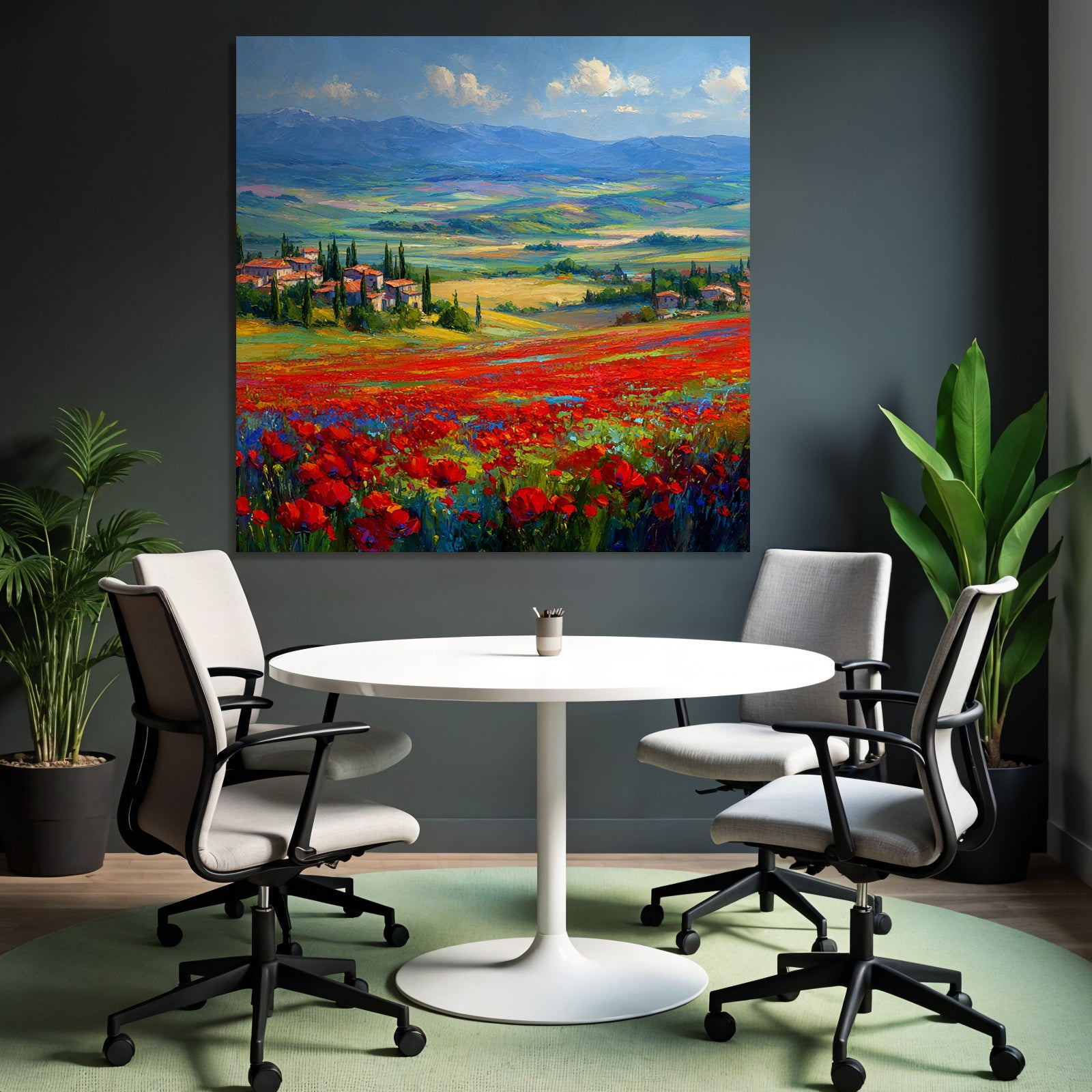 Vibrante Landschaft Mit Roten Blumen Und Dorfblick