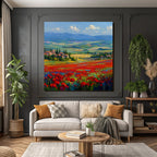 Vibrante Landschaft Mit Roten Blumen Und Dorfblick