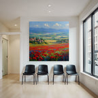 Vibrante Landschaft Mit Roten Blumen Und Dorfblick