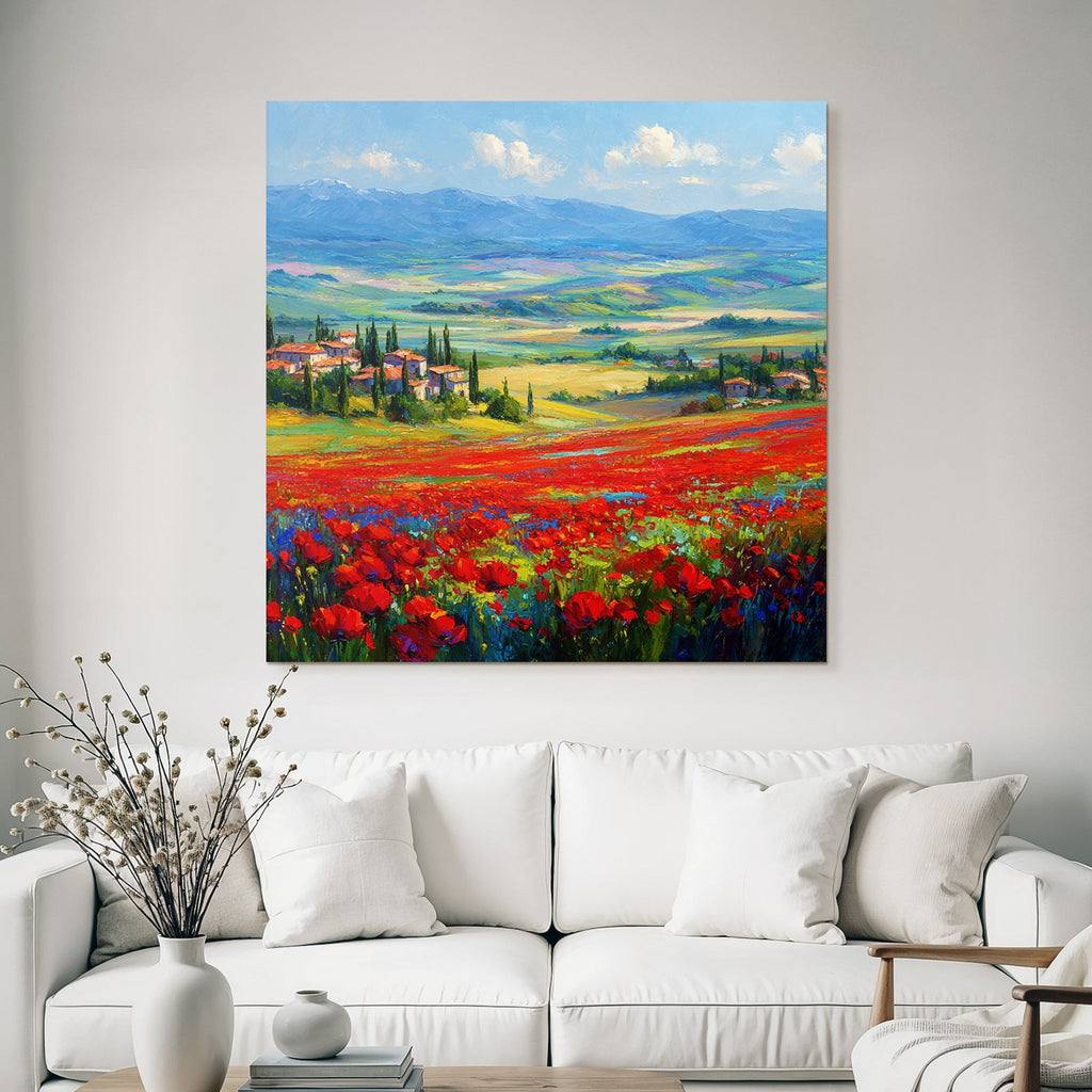 Vibrante Landschaft Mit Roten Blumen Und Dorfblick