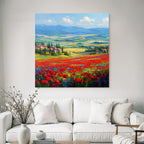 Vibrante Landschaft Mit Roten Blumen Und Dorfblick