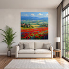 Vibrante Landschaft Mit Roten Blumen Und Dorfblick