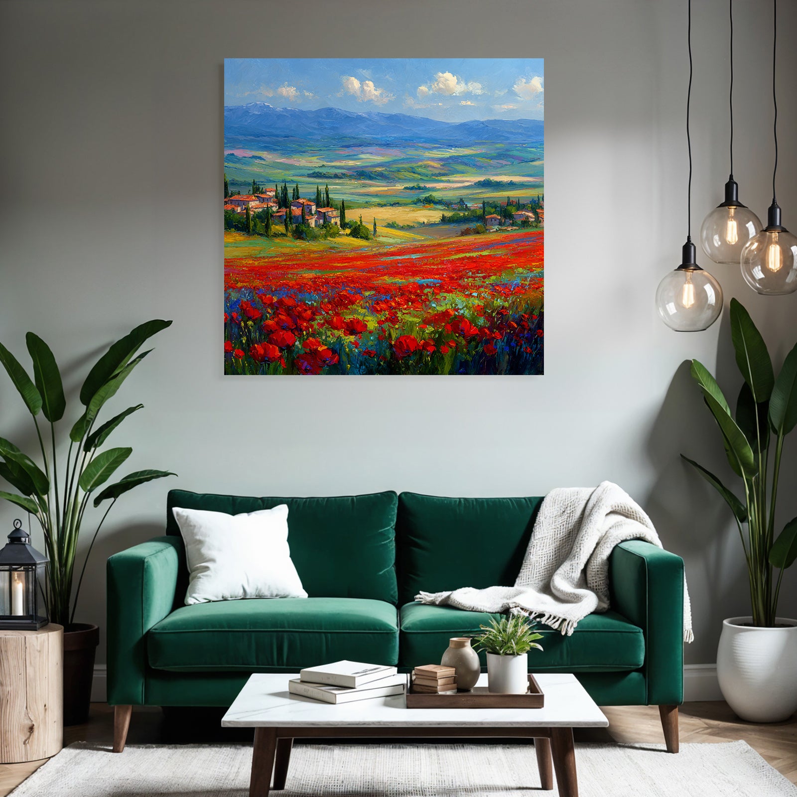 Vibrante Landschaft Mit Roten Blumen Und Dorfblick