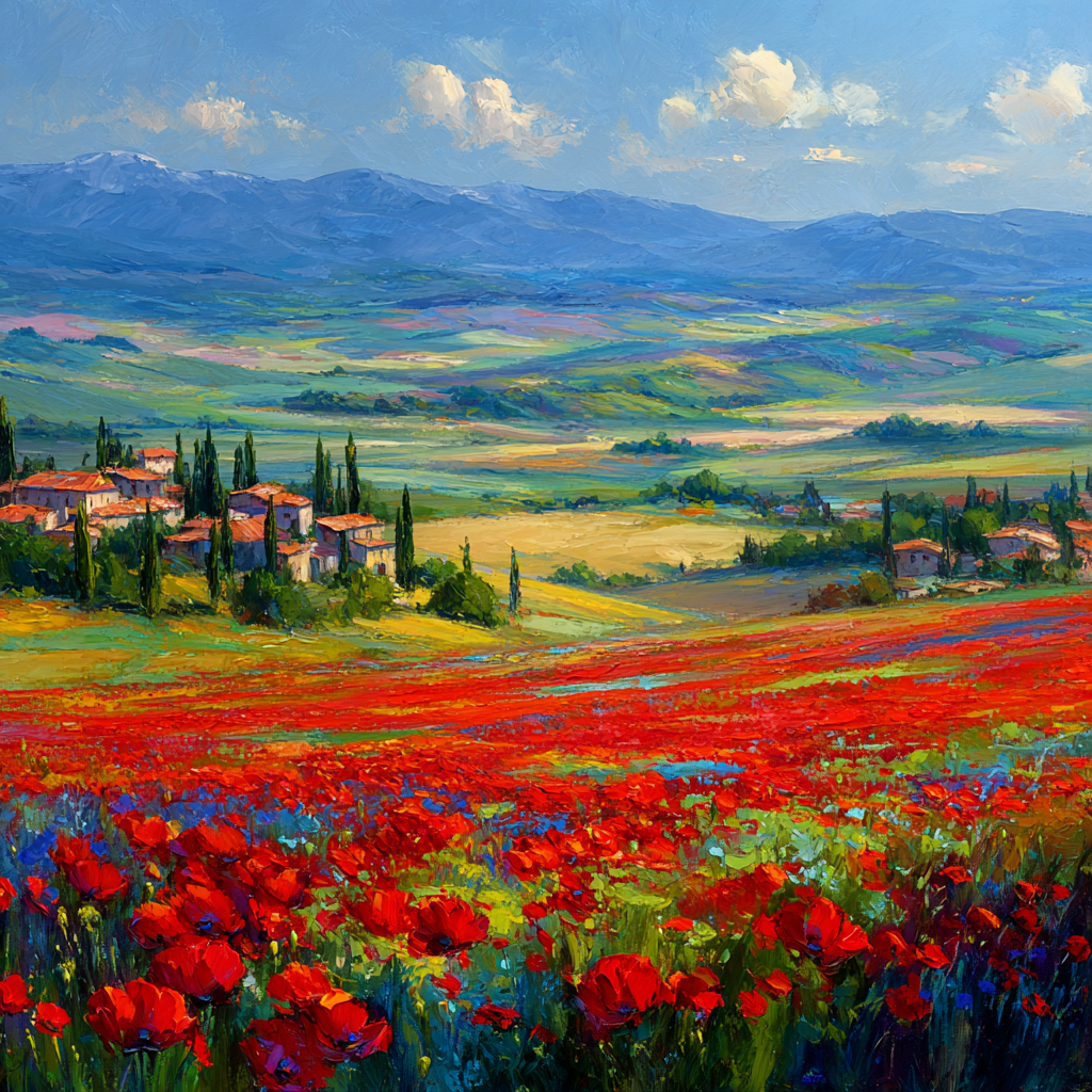 Vibrante Landschaft Mit Roten Blumen Und Dorfblick | Sommer | Jahreszeiten