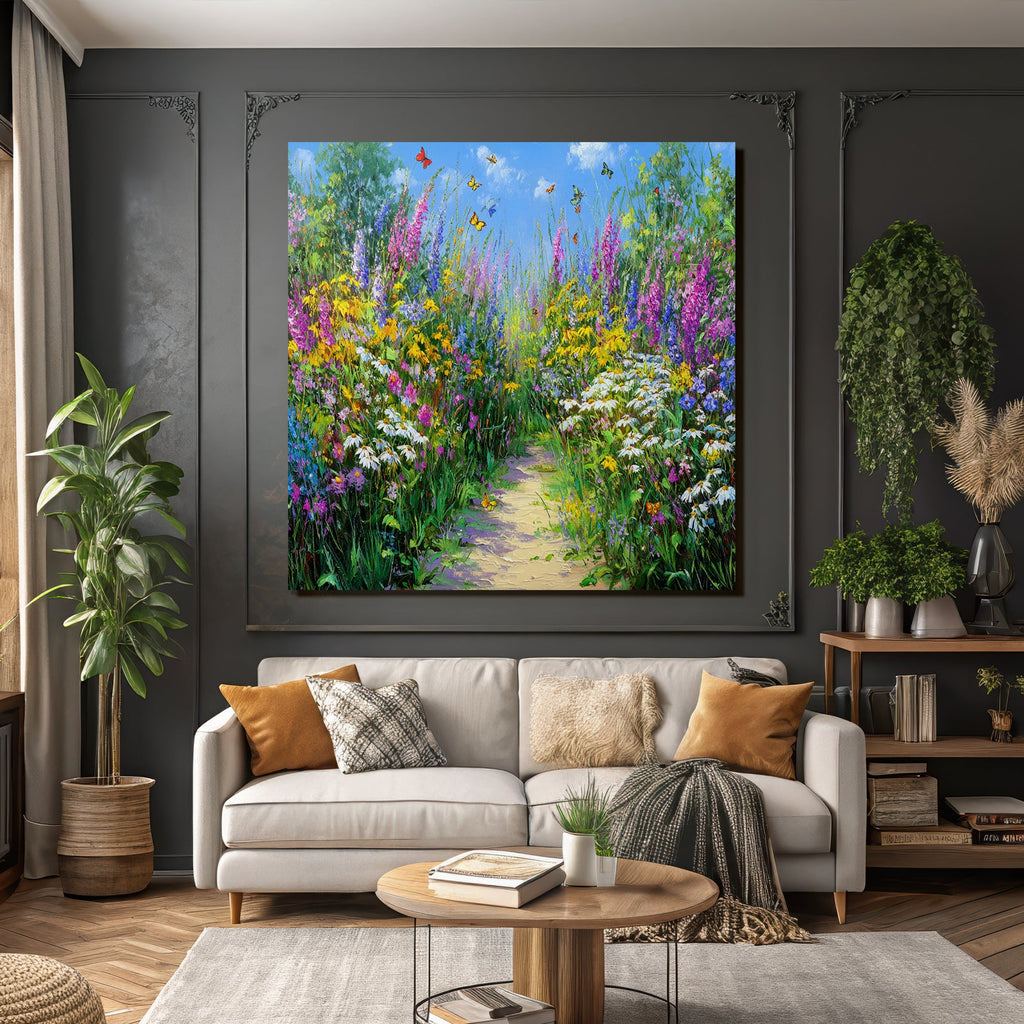 Vibranter Blumengarten Mit Butterflies In Einem Blaün Himmel