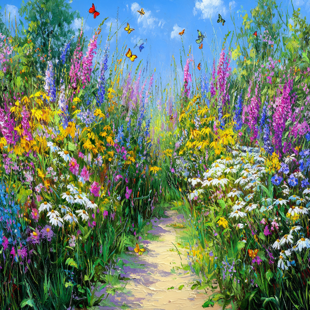 Vibranter Blumengarten Mit Butterflies In Einem Blaün Himmel | Sommer | Jahreszeiten