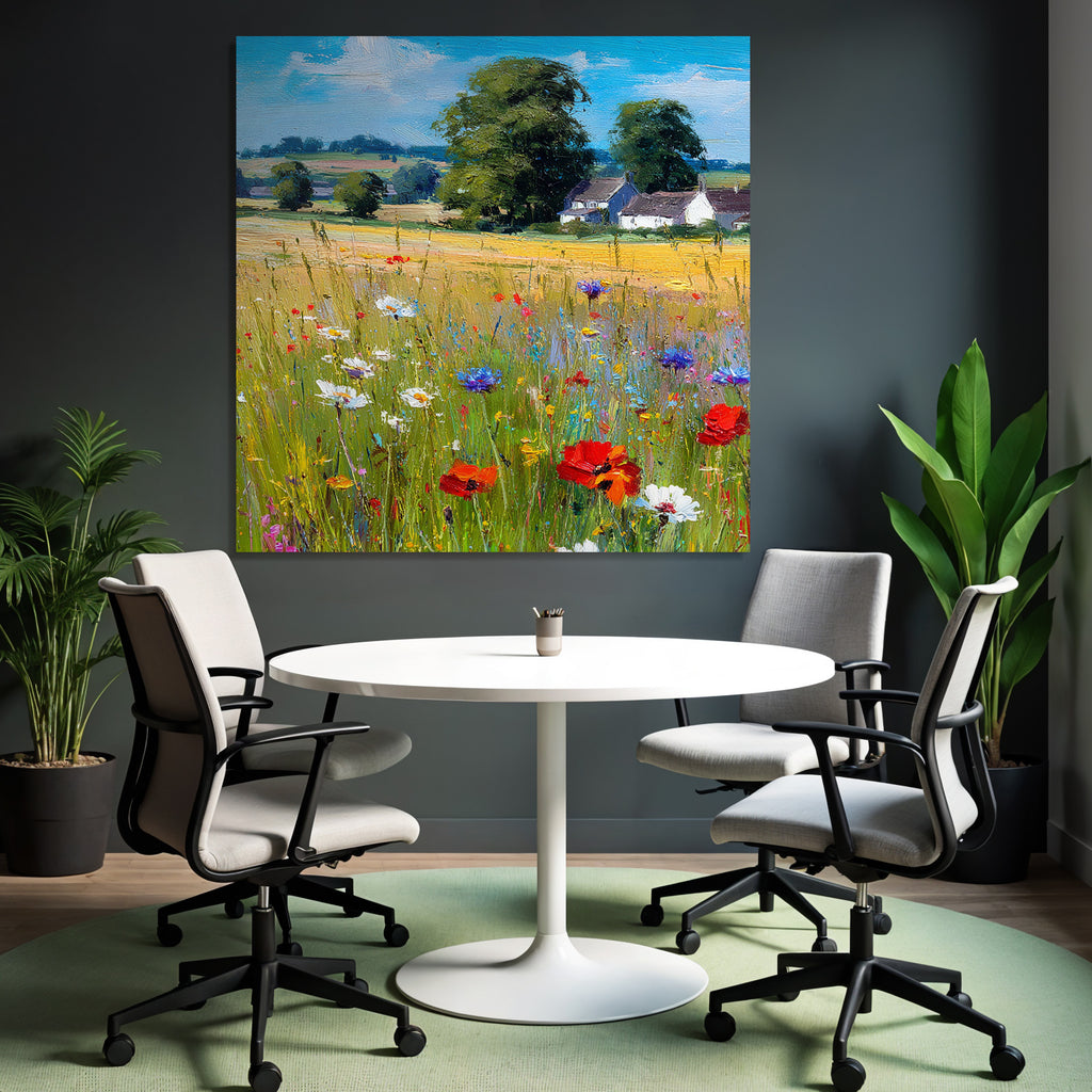 Vibrantes Feld Von Wildblumen Mit Grünen Bäumen Und Blaüm Himmel