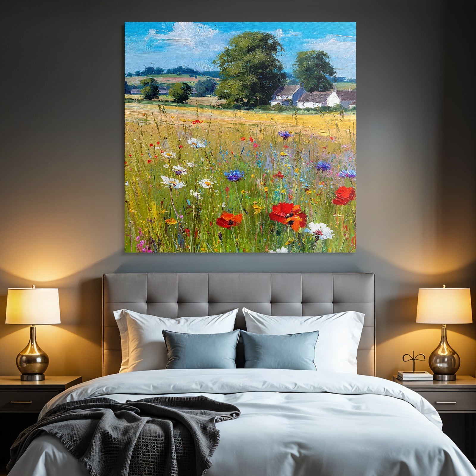 Vibrantes Feld Von Wildblumen Mit Grünen Bäumen Und Blaüm Himmel