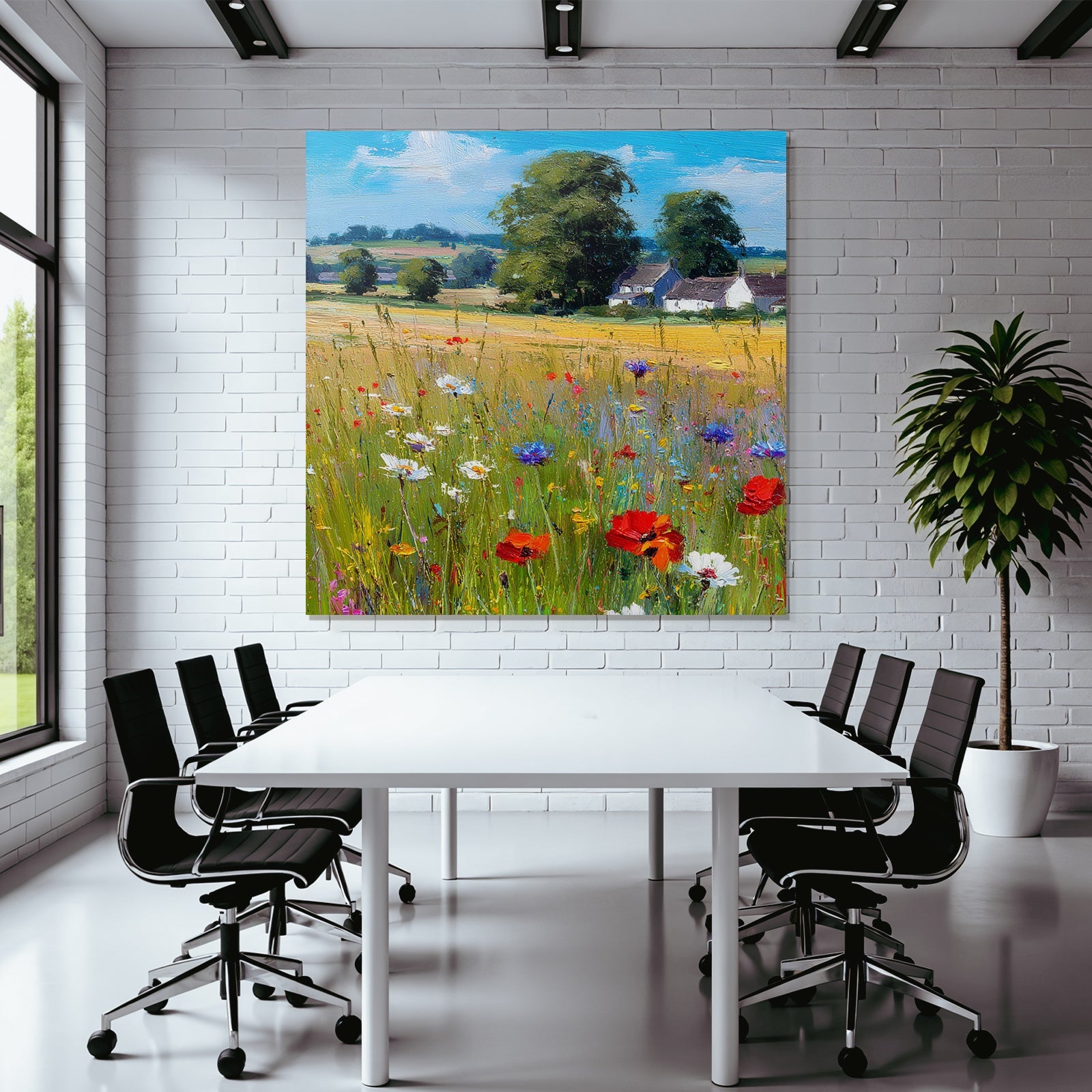 Vibrantes Feld Von Wildblumen Mit Grünen Bäumen Und Blaüm Himmel