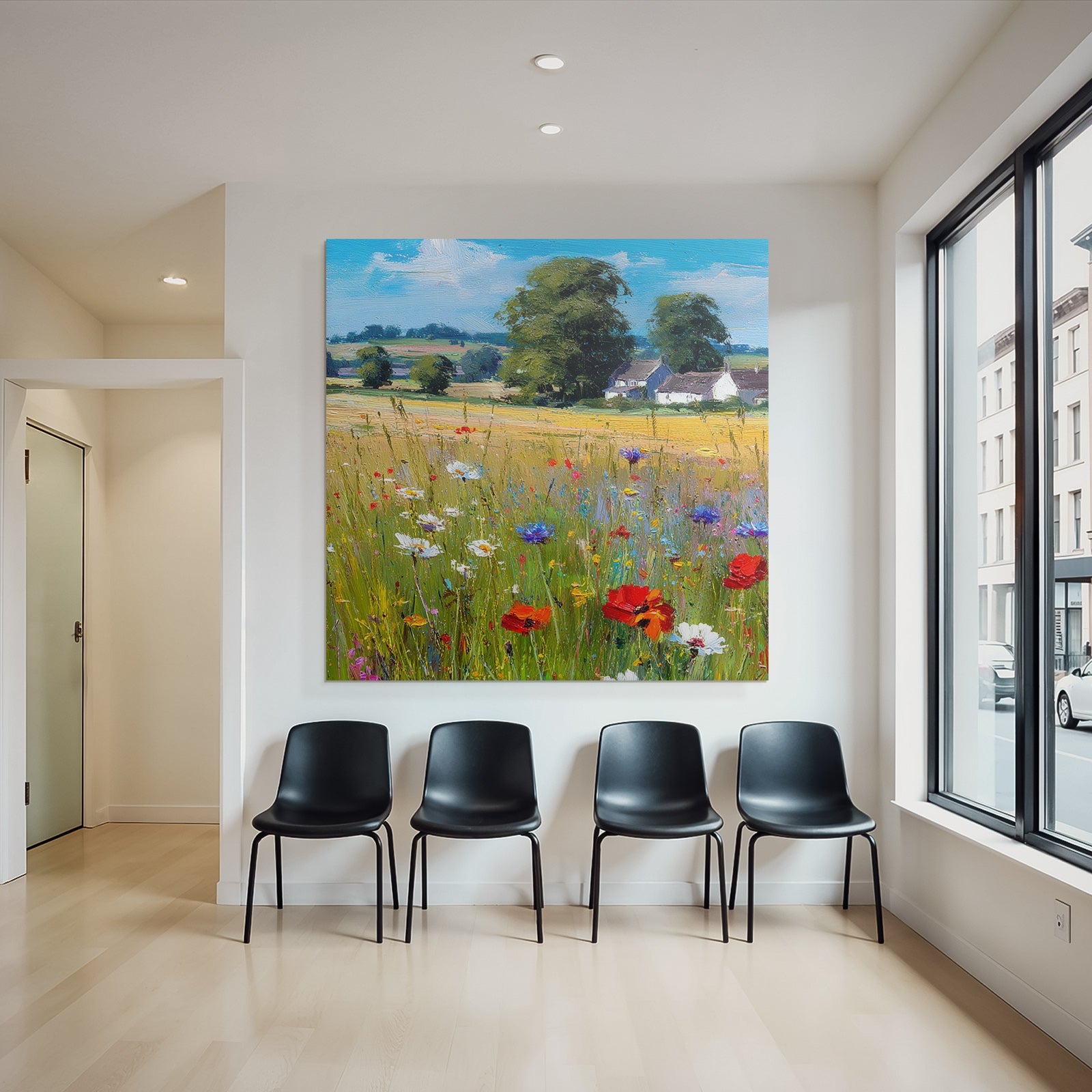 Vibrantes Feld Von Wildblumen Mit Grünen Bäumen Und Blaüm Himmel