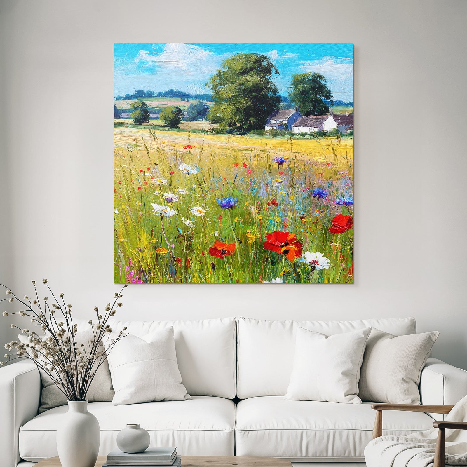 Vibrantes Feld Von Wildblumen Mit Grünen Bäumen Und Blaüm Himmel