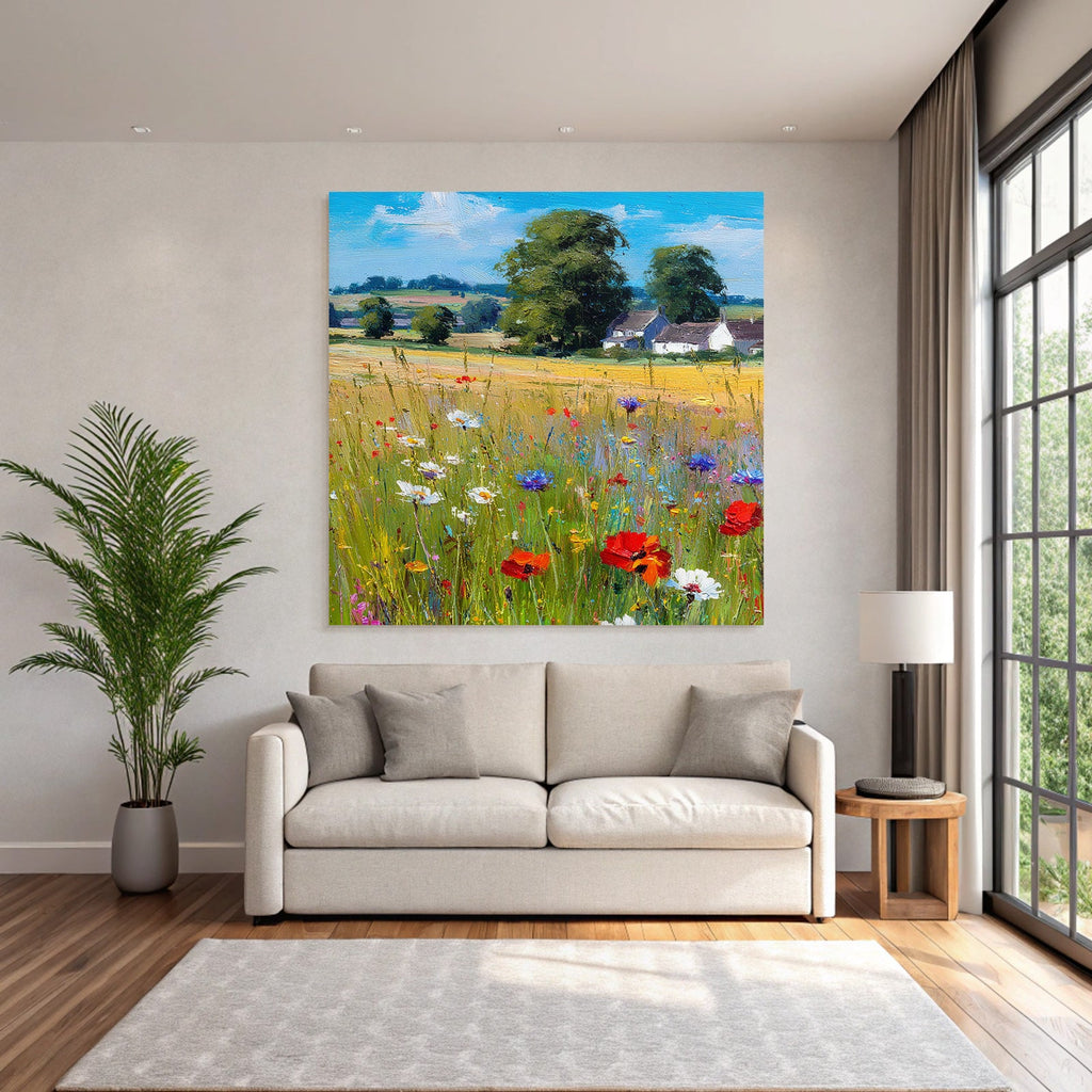 Vibrantes Feld Von Wildblumen Mit Grünen Bäumen Und Blaüm Himmel