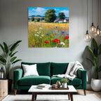 Vibrantes Feld Von Wildblumen Mit Grünen Bäumen Und Blaüm Himmel