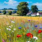 Vibrantes Feld Von Wildblumen Mit Grünen Bäumen Und Blaüm Himmel | Sommer | Jahreszeiten