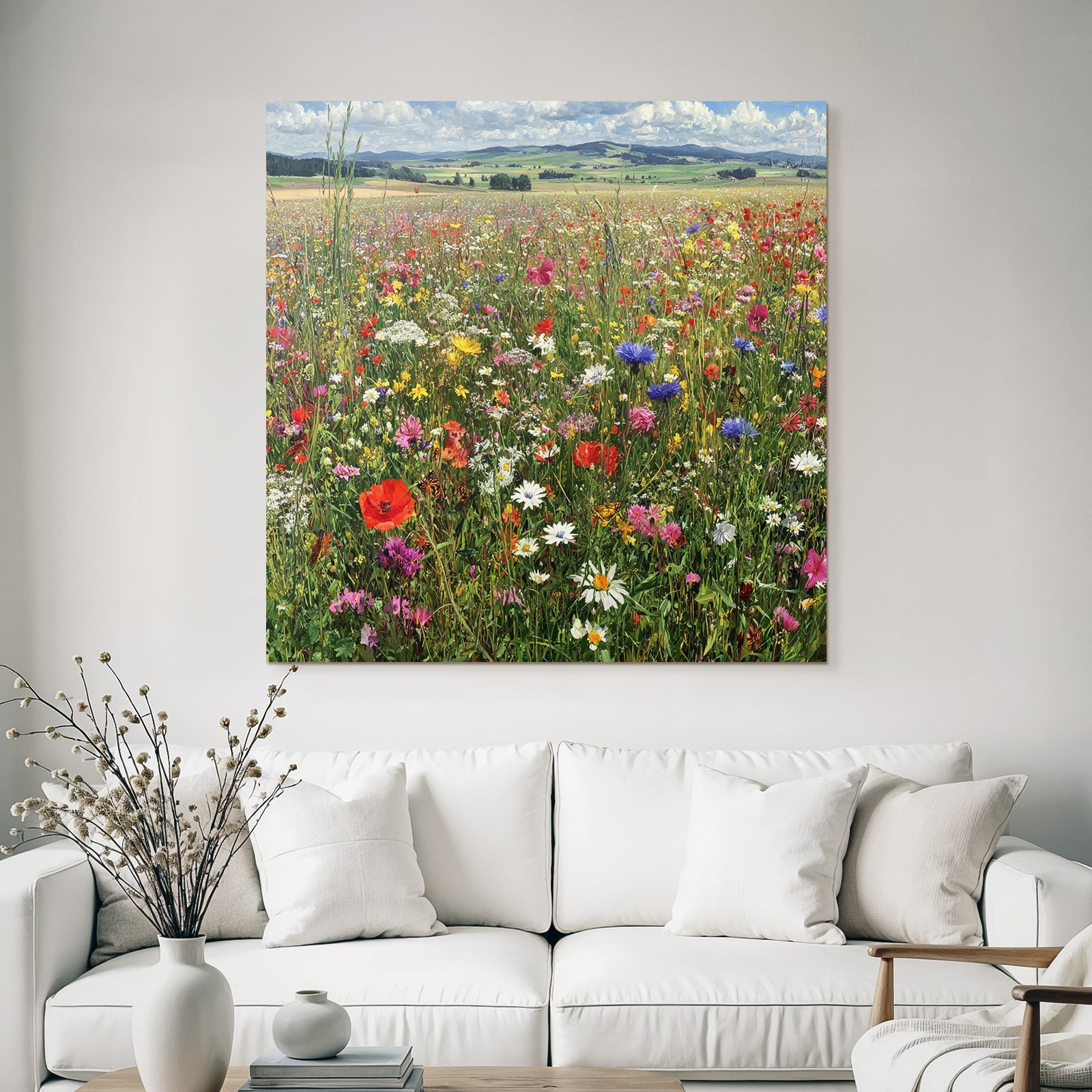 Wildflower Meadow Lebendige Farben Florale Szenen Mit Hügeln Und Wolken