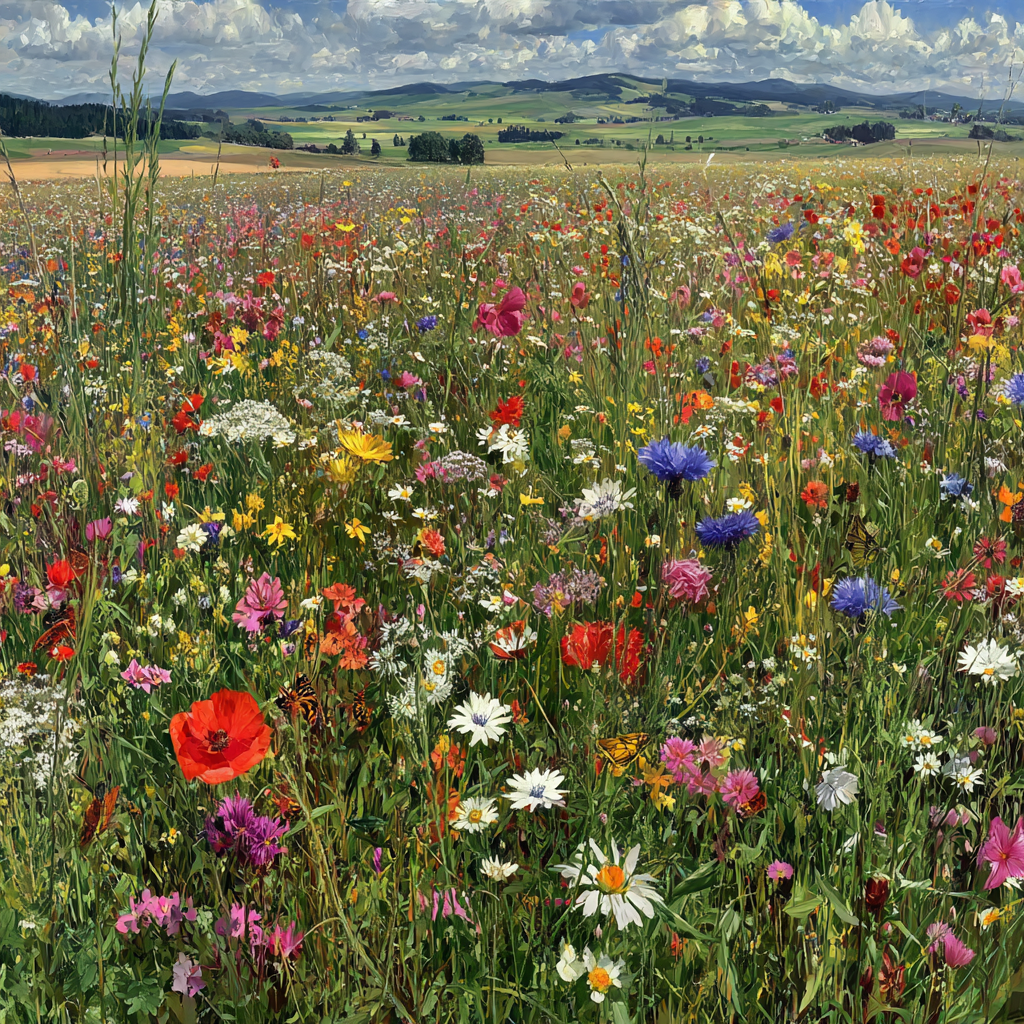 Wildflower Meadow Lebendige Farben Florale Szenen Mit Hügeln Und Wolken | Sommer | Jahreszeiten