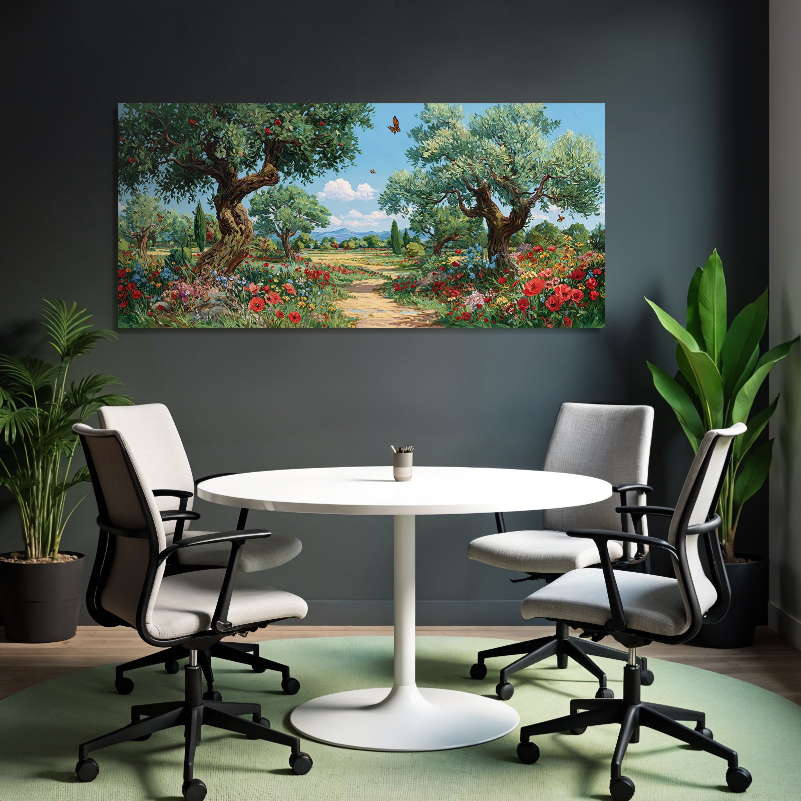 Blühende Landschaft Bunte Blumen Grüne Bäume Sonniger Himmel