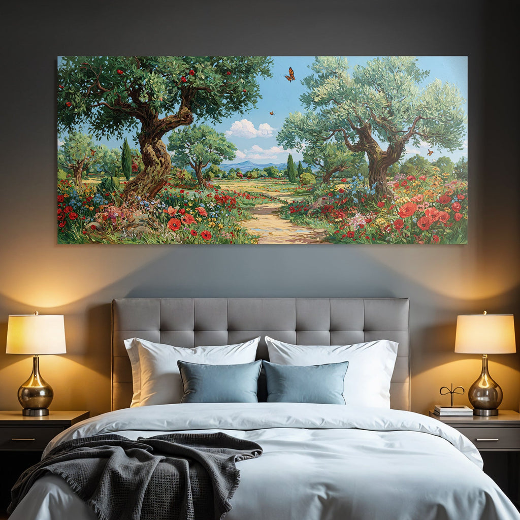 Blühende Landschaft Bunte Blumen Grüne Bäume Sonniger Himmel