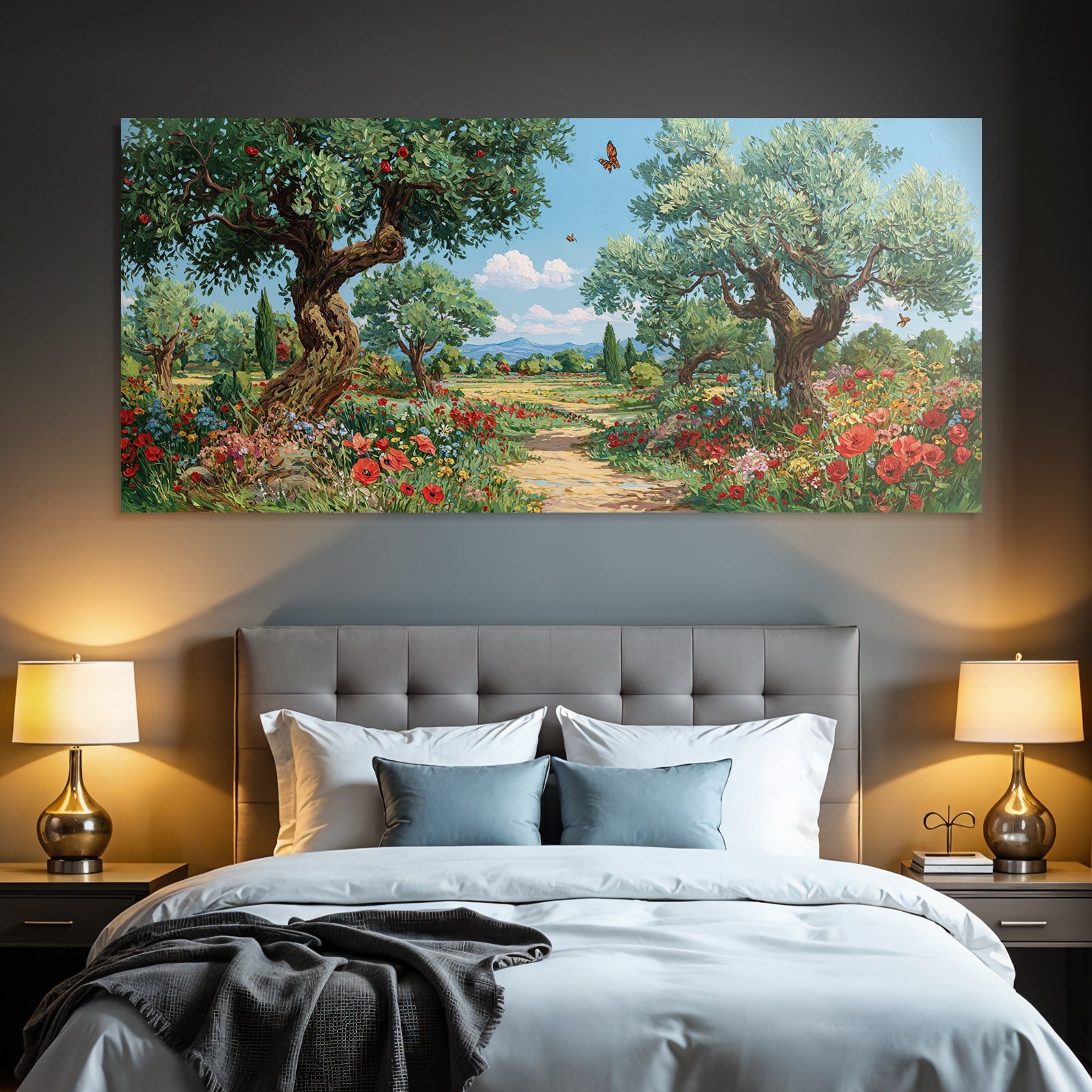 Blühende Landschaft Bunte Blumen Grüne Bäume Sonniger Himmel