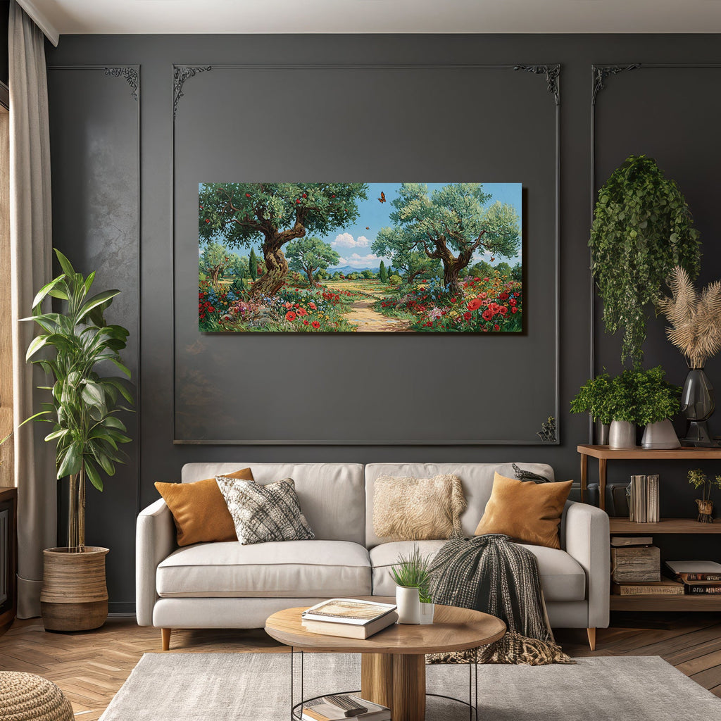 Blühende Landschaft Bunte Blumen Grüne Bäume Sonniger Himmel