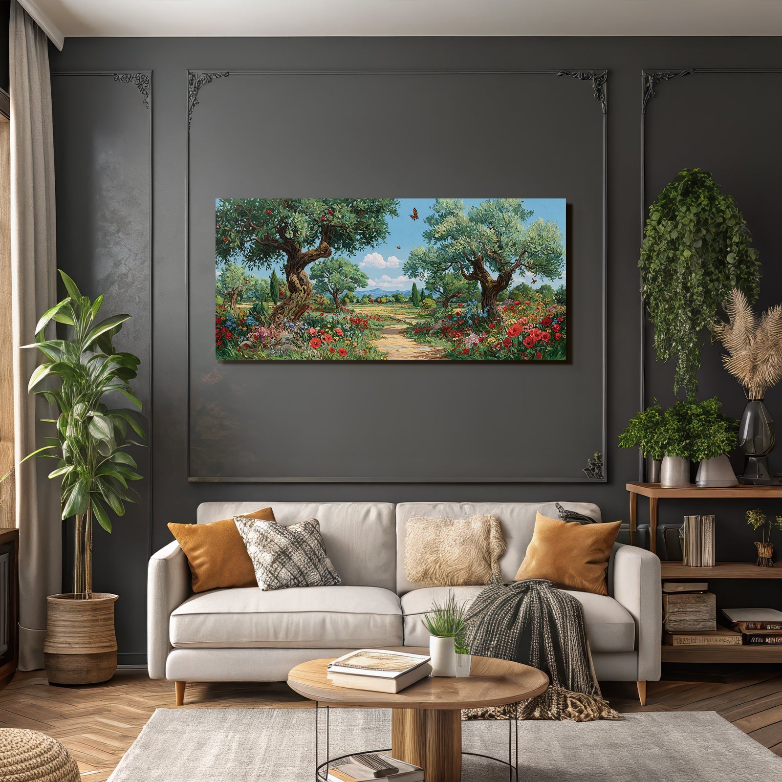 Blühende Landschaft Bunte Blumen Grüne Bäume Sonniger Himmel
