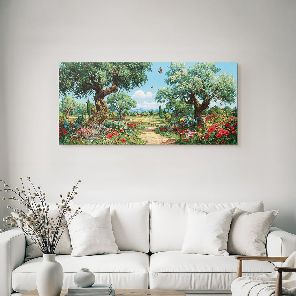 Blühende Landschaft Bunte Blumen Grüne Bäume Sonniger Himmel