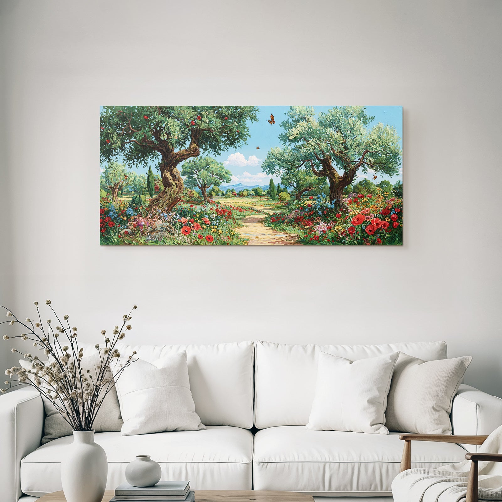 Blühende Landschaft Bunte Blumen Grüne Bäume Sonniger Himmel