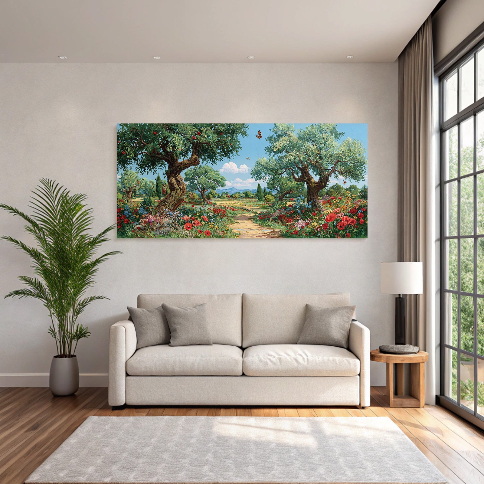 Blühende Landschaft Bunte Blumen Grüne Bäume Sonniger Himmel