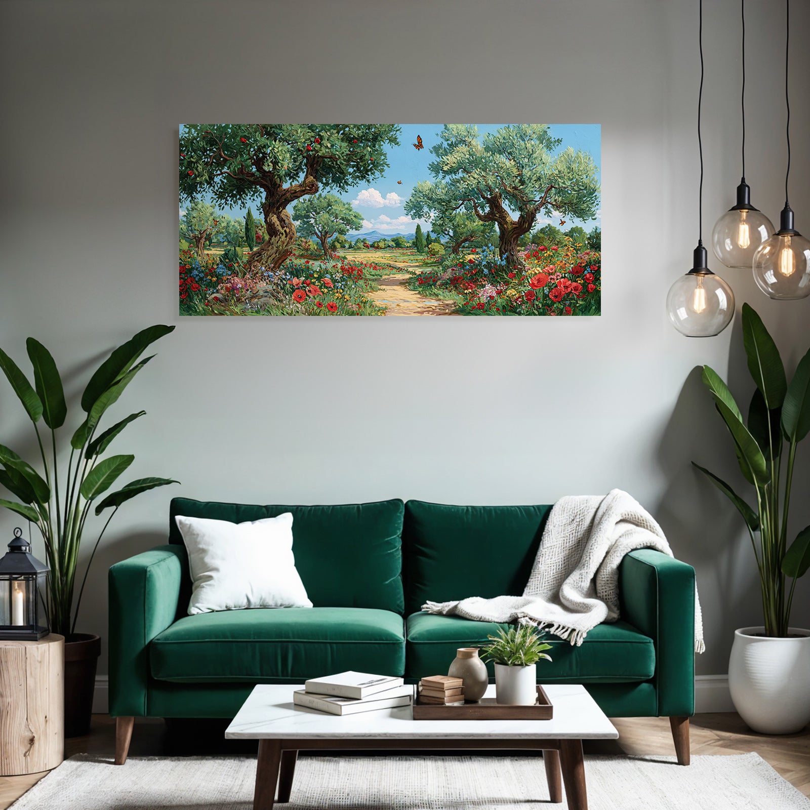 Blühende Landschaft Bunte Blumen Grüne Bäume Sonniger Himmel