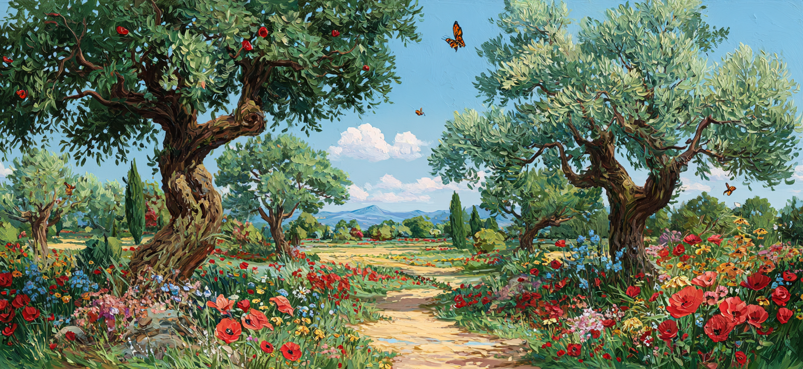Blühende Landschaft Bunte Blumen Grüne Bäume Sonniger Himmel | Sommer | Jahreszeiten