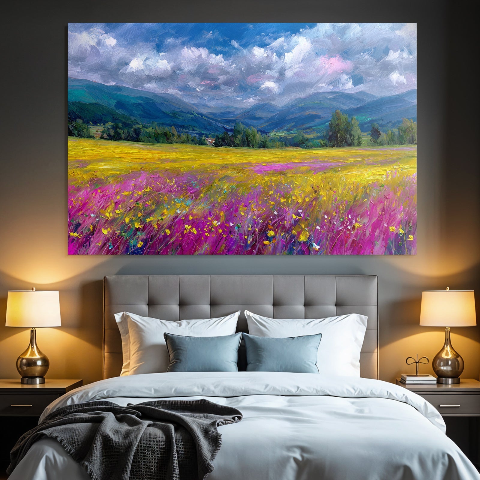 Buntes Landschaftsbild Mit Blühenden Blumen Und Bergen