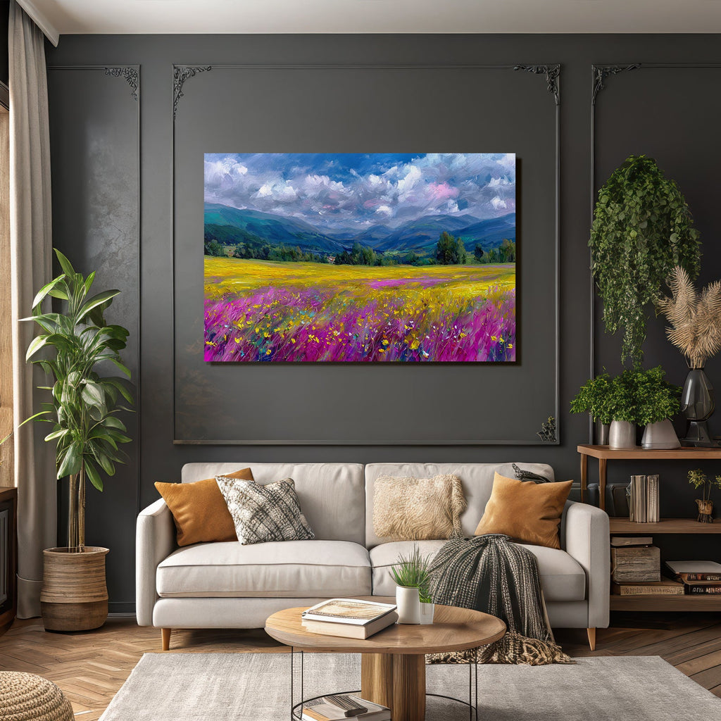 Buntes Landschaftsbild Mit Blühenden Blumen Und Bergen