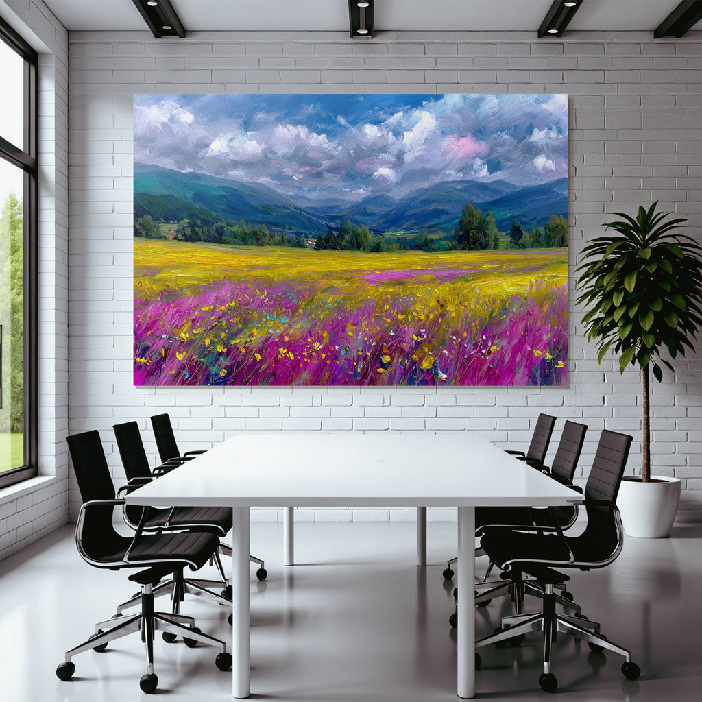 Buntes Landschaftsbild Mit Blühenden Blumen Und Bergen