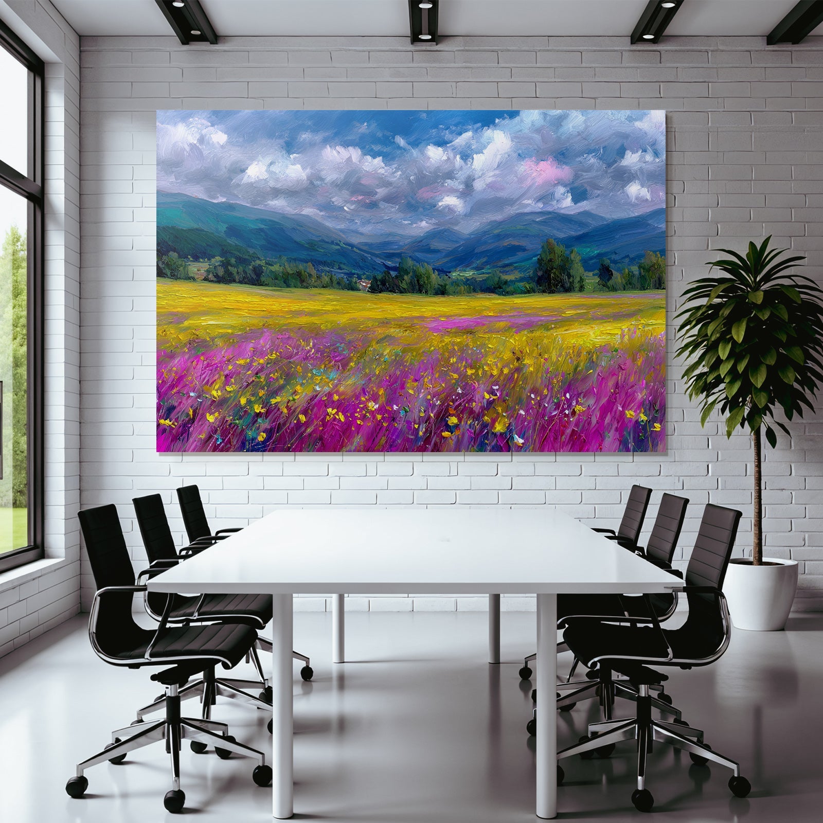 Buntes Landschaftsbild Mit Blühenden Blumen Und Bergen