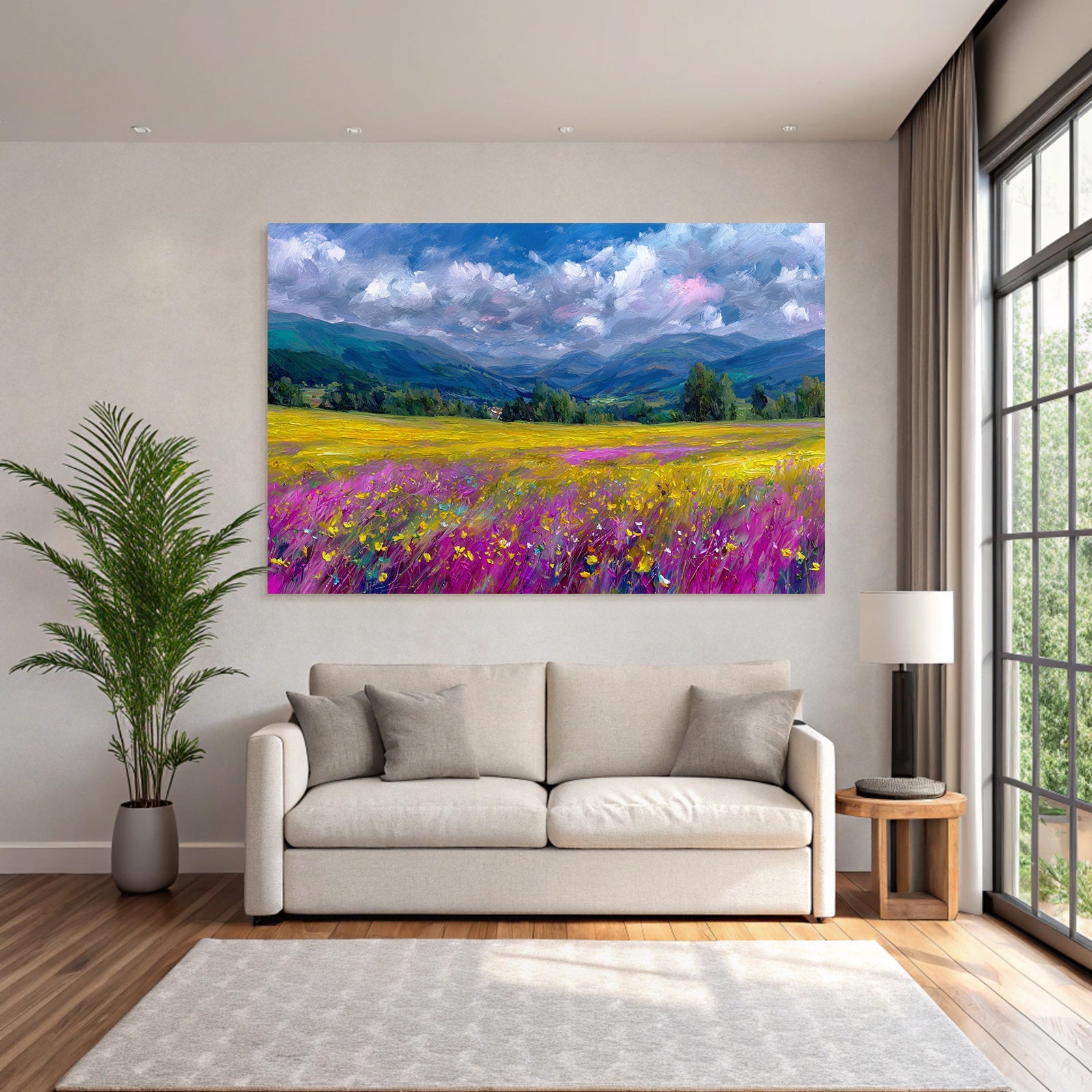 Buntes Landschaftsbild Mit Blühenden Blumen Und Bergen