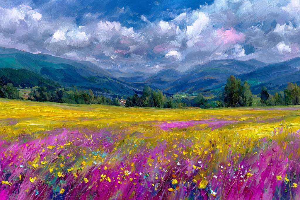 Buntes Landschaftsbild Mit Blühenden Blumen Und Bergen | Sommer | Jahreszeiten