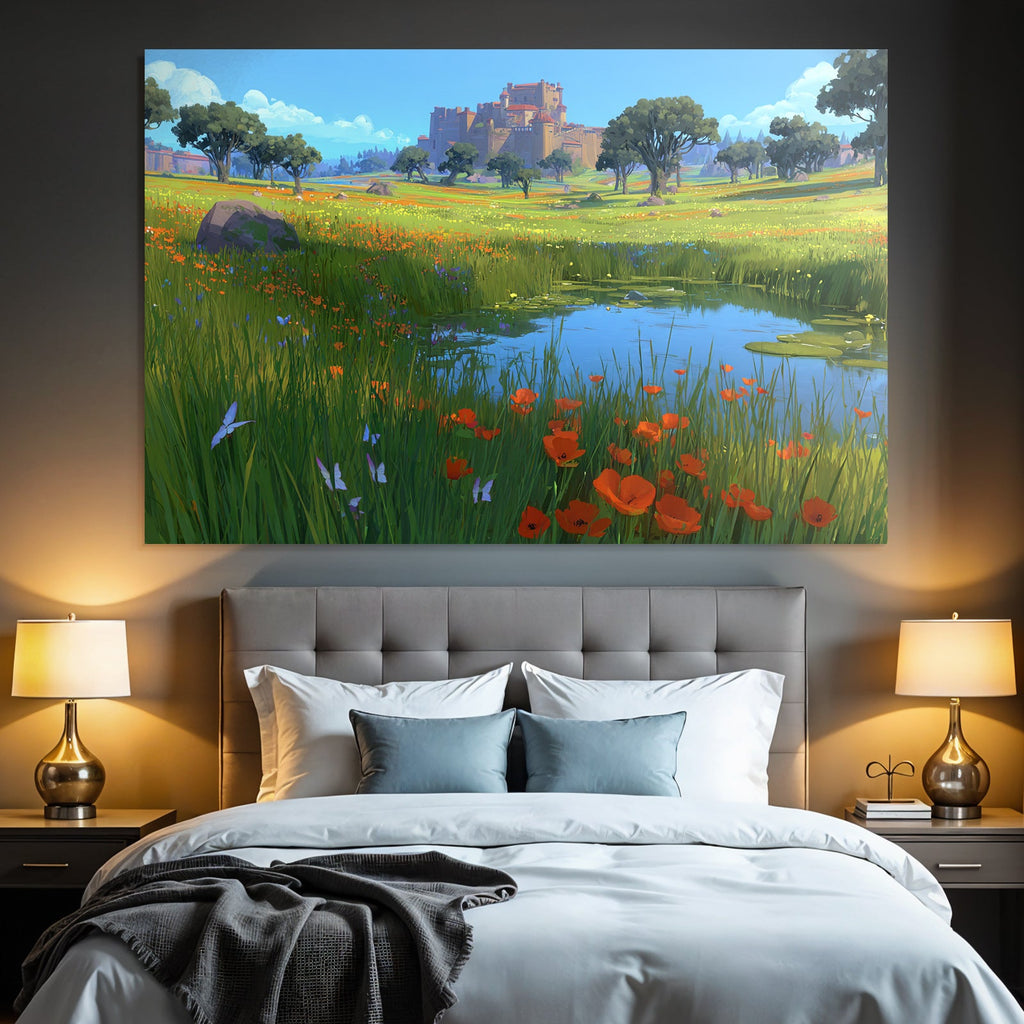 Friedliche Idylle Mit Wiesen Blumen Und Schloss