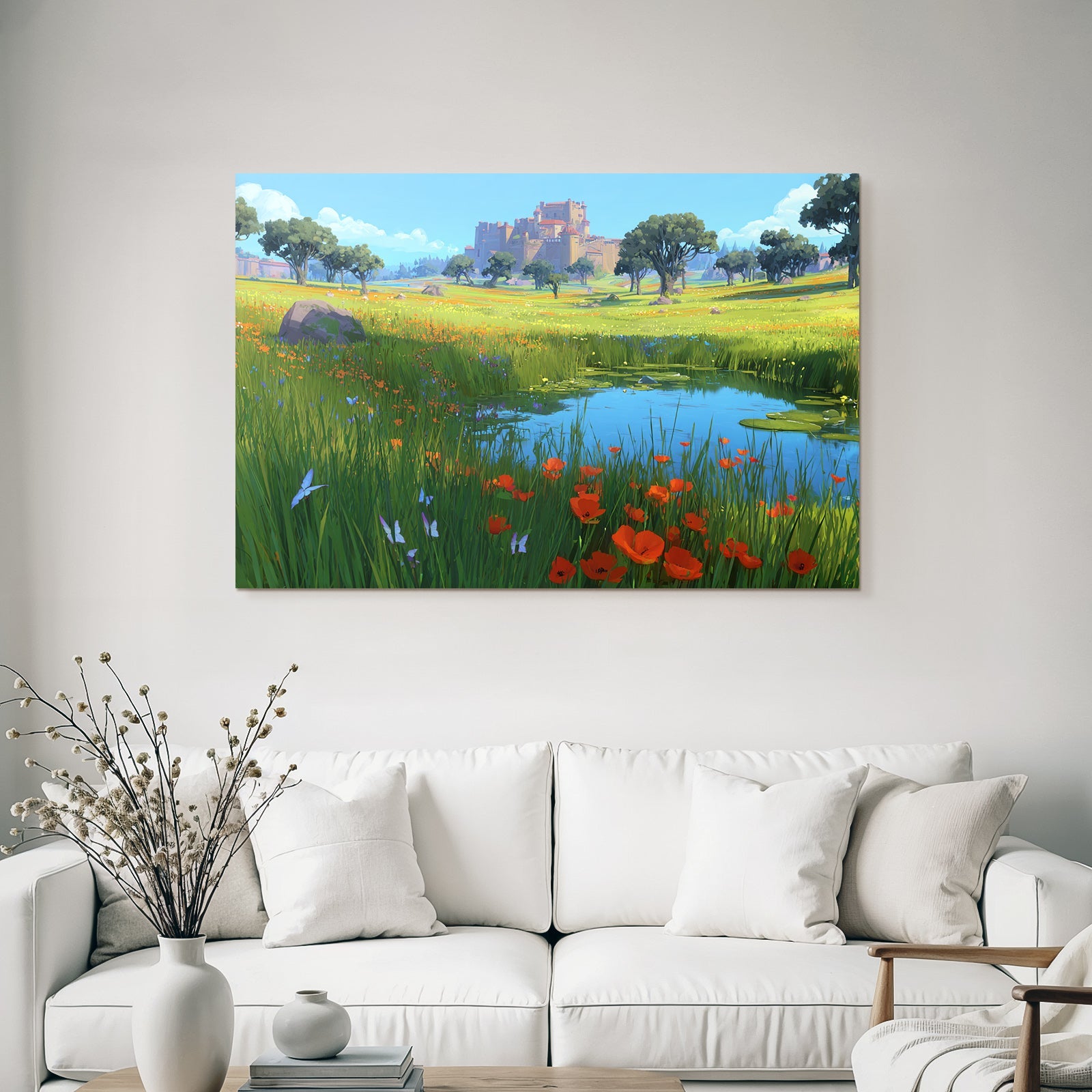 Friedliche Idylle Mit Wiesen Blumen Und Schloss