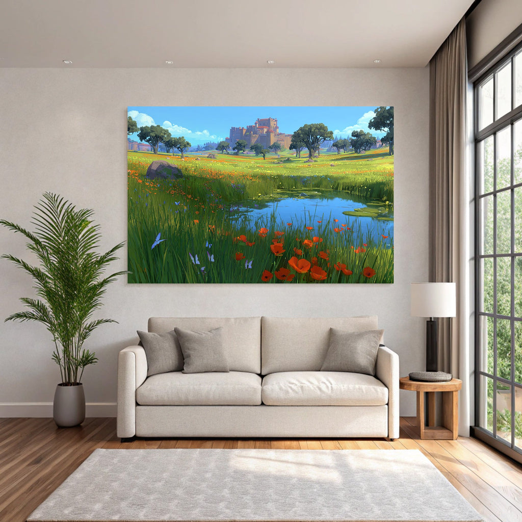 Friedliche Idylle Mit Wiesen Blumen Und Schloss