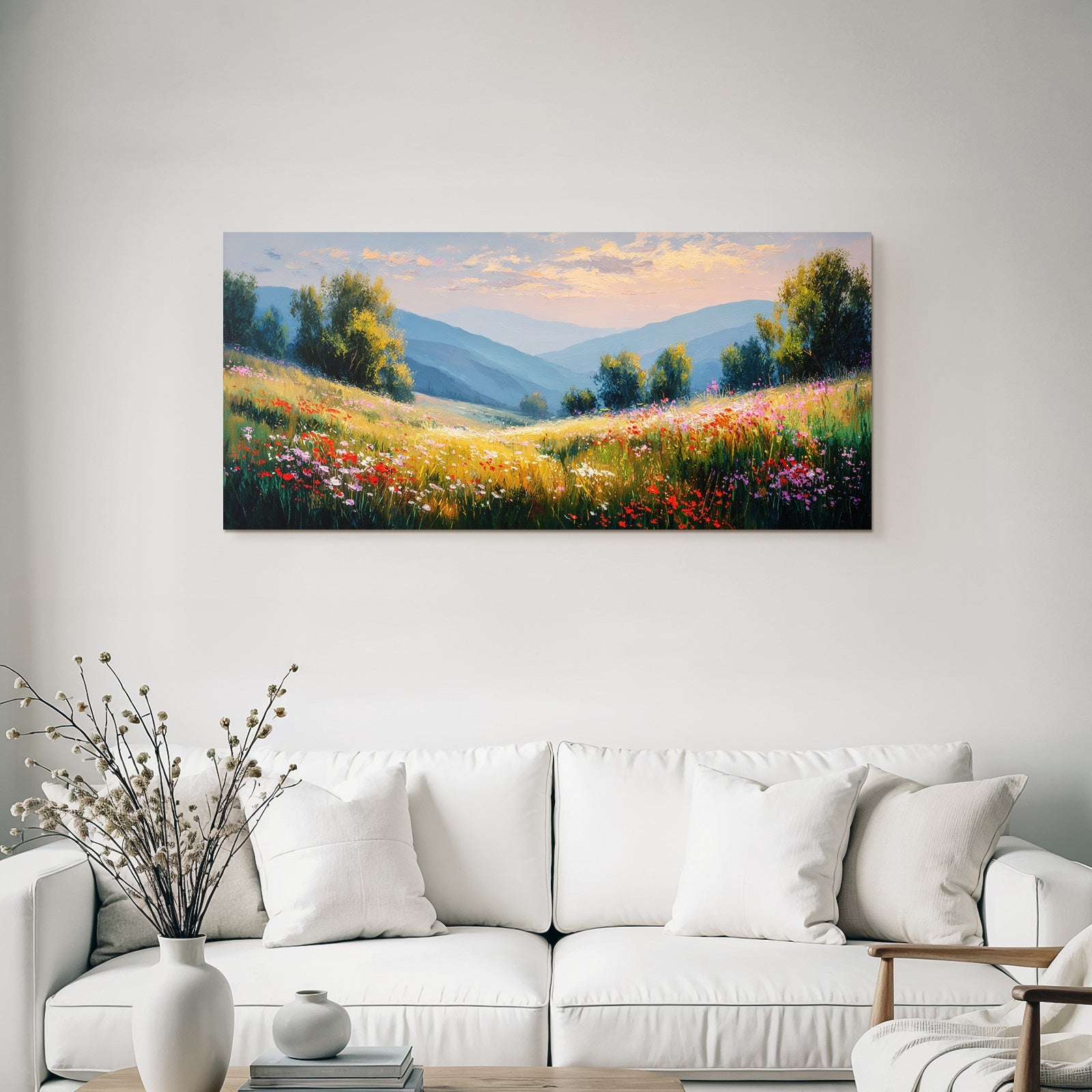 Friedliche Landschaft Mit Wildblumen Und Bergen Dawn Dusk