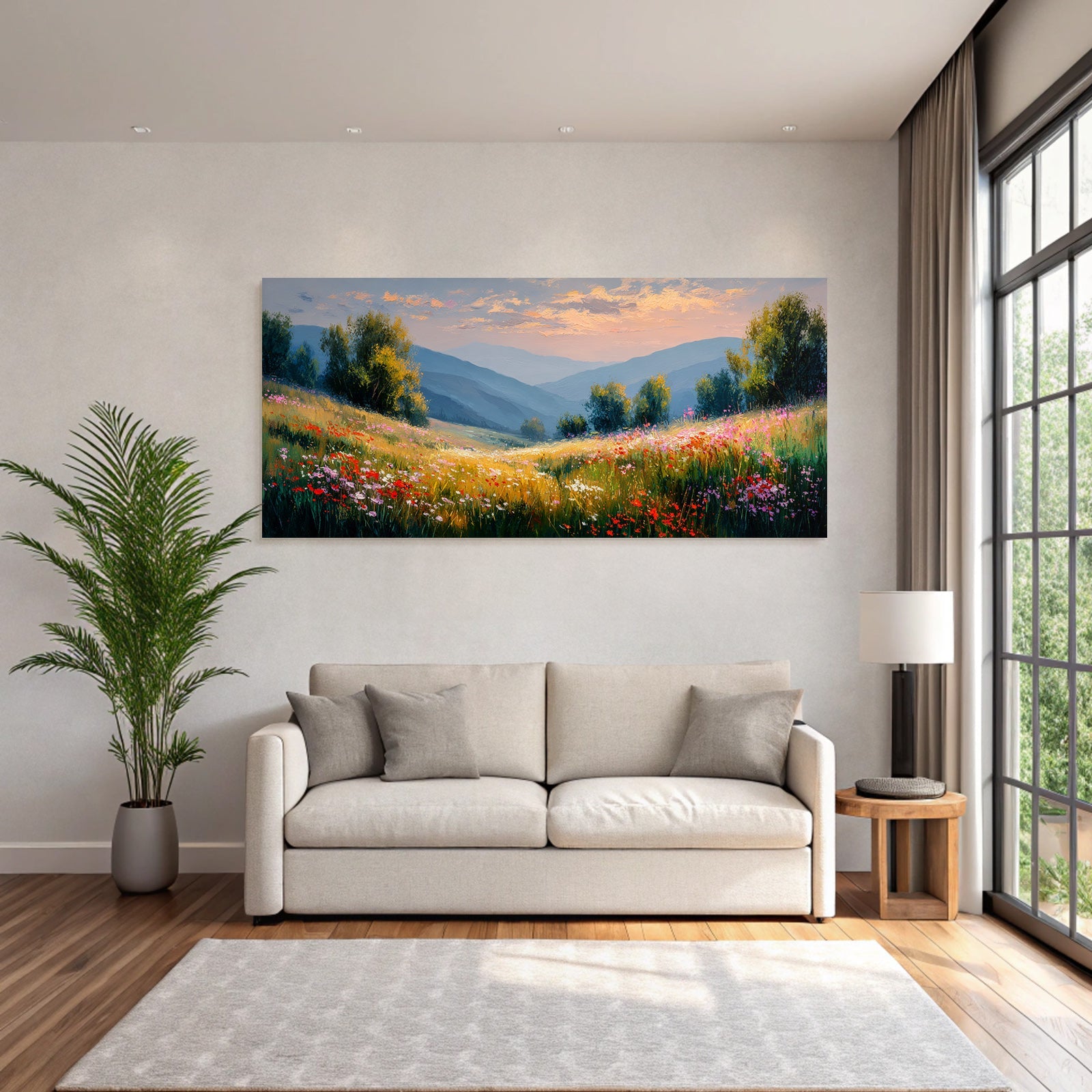 Friedliche Landschaft Mit Wildblumen Und Bergen Dawn Dusk