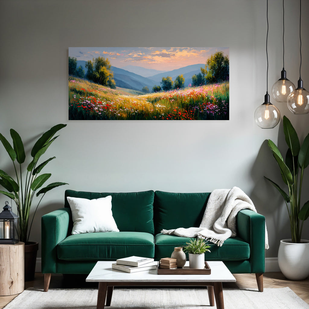 Friedliche Landschaft Mit Wildblumen Und Bergen Dawn Dusk