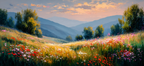 Friedliche Landschaft Mit Wildblumen Und Bergen Dawn Dusk | Sommer | Jahreszeiten