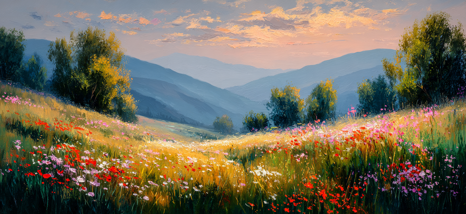 Friedliche Landschaft Mit Wildblumen Und Bergen Dawn Dusk | Sommer | Jahreszeiten