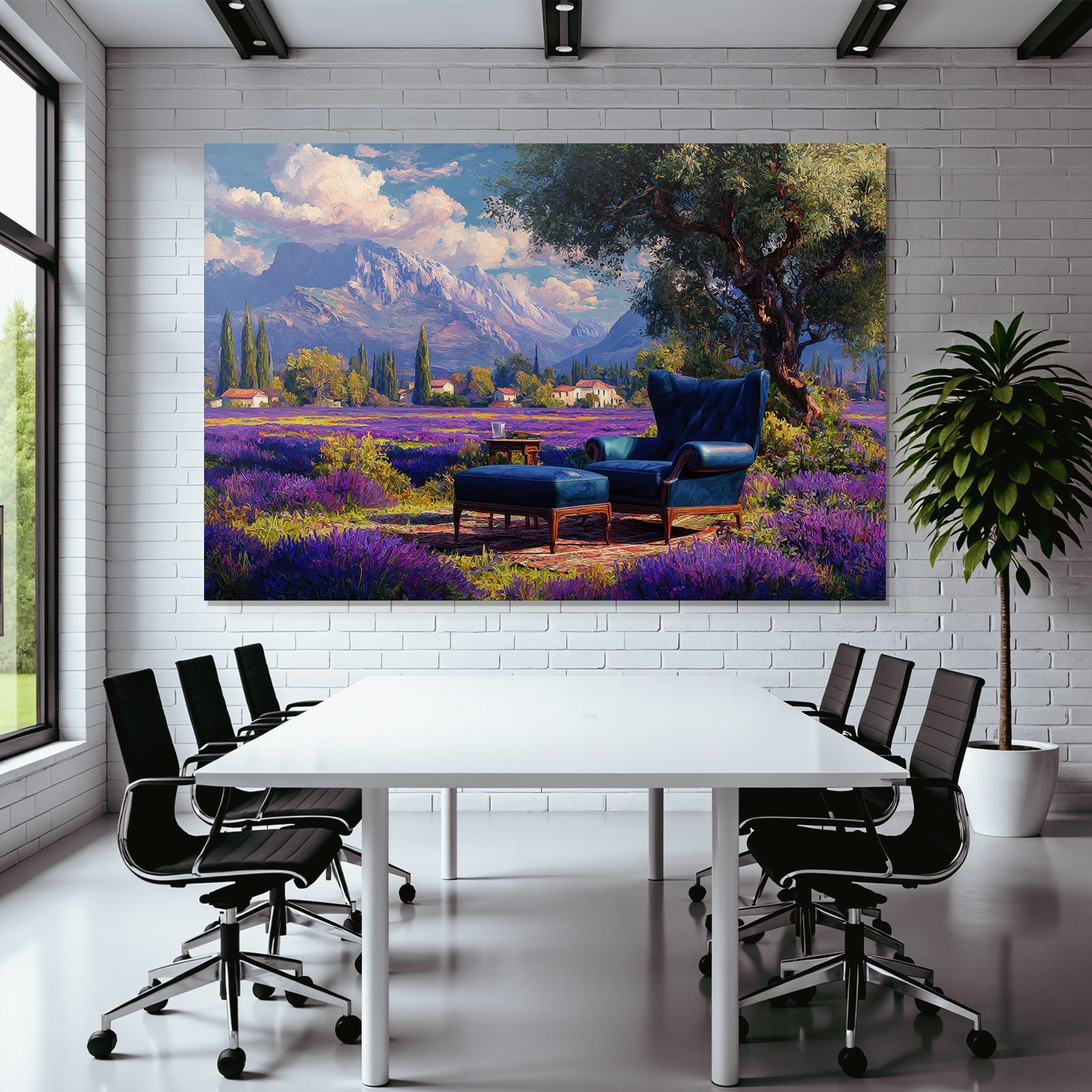 Lavenderfeld Mit Stuhl Und Hocker Vor Bergen