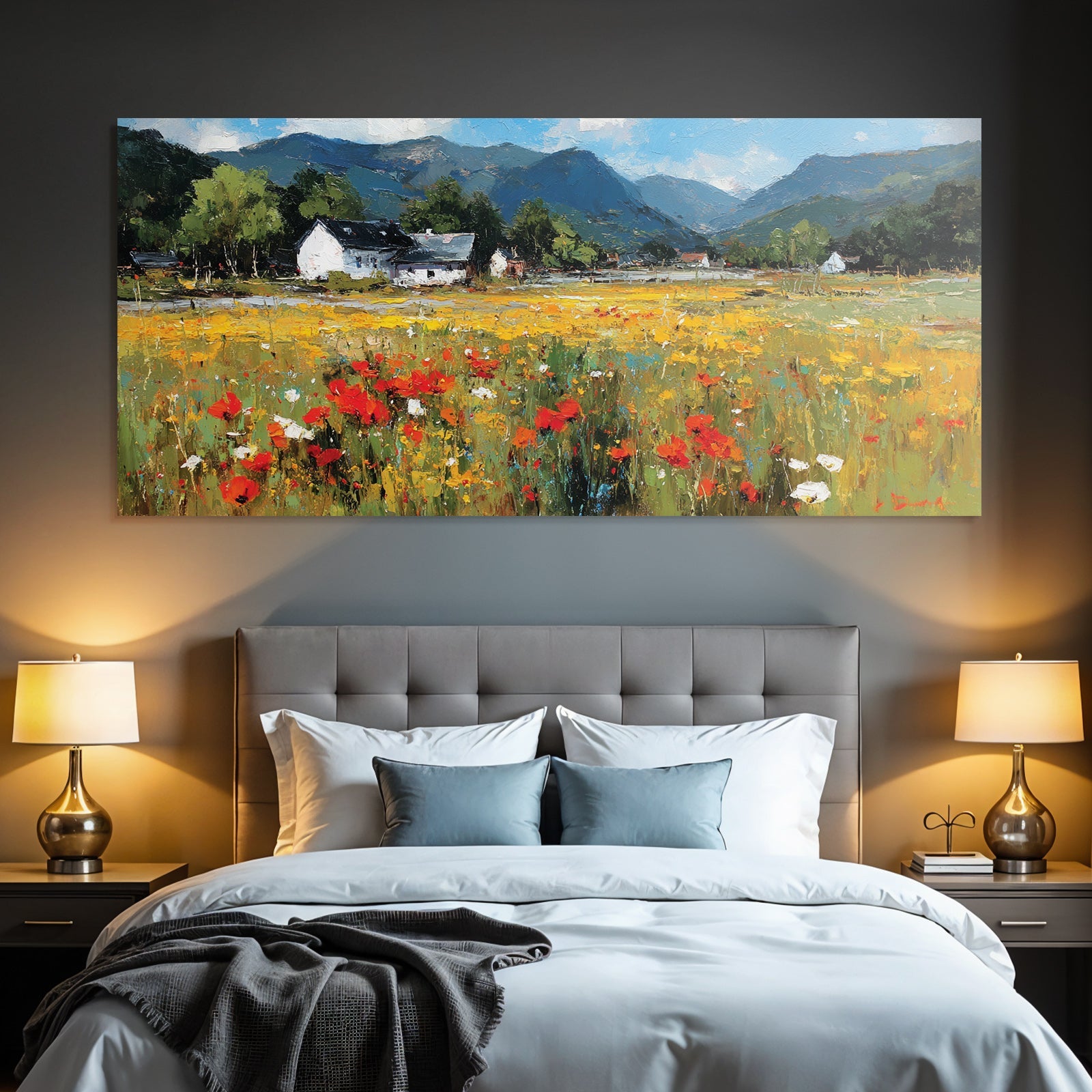 Lebendige Landschaft Blumen Rot Gelb Berge Häuser Weisses Haus Sonniger Tag