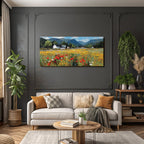 Lebendige Landschaft Blumen Rot Gelb Berge Häuser Weisses Haus Sonniger Tag