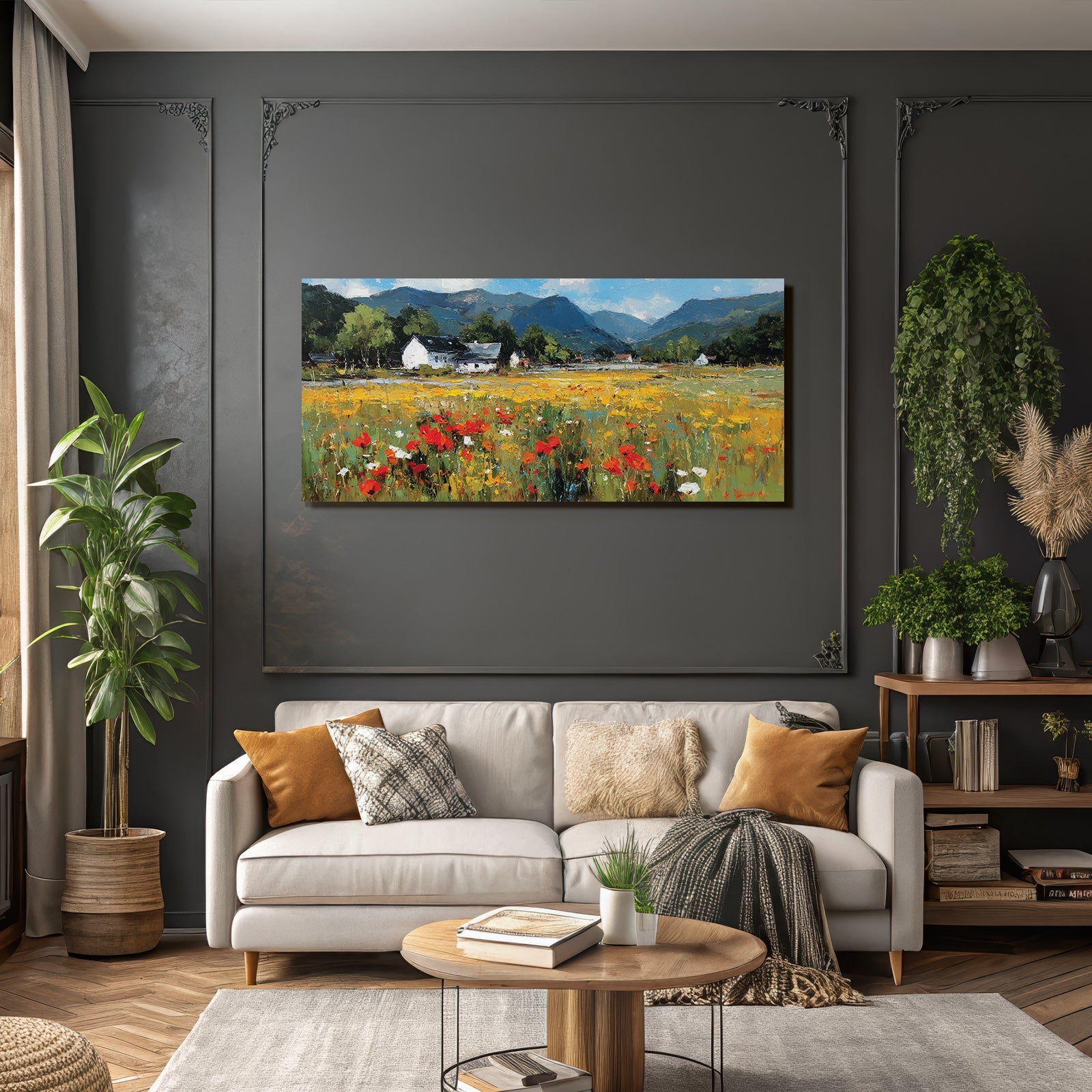 Lebendige Landschaft Blumen Rot Gelb Berge Häuser Weisses Haus Sonniger Tag