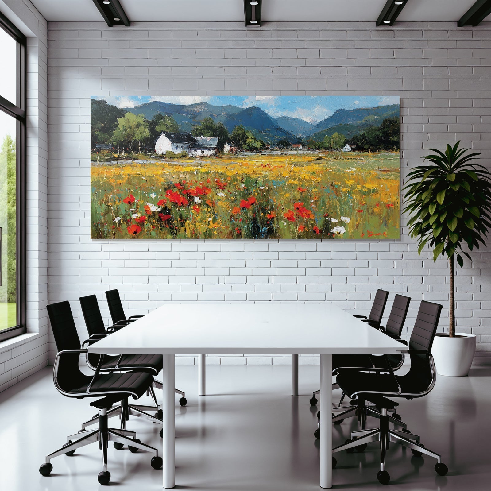 Lebendige Landschaft Blumen Rot Gelb Berge Häuser Weisses Haus Sonniger Tag